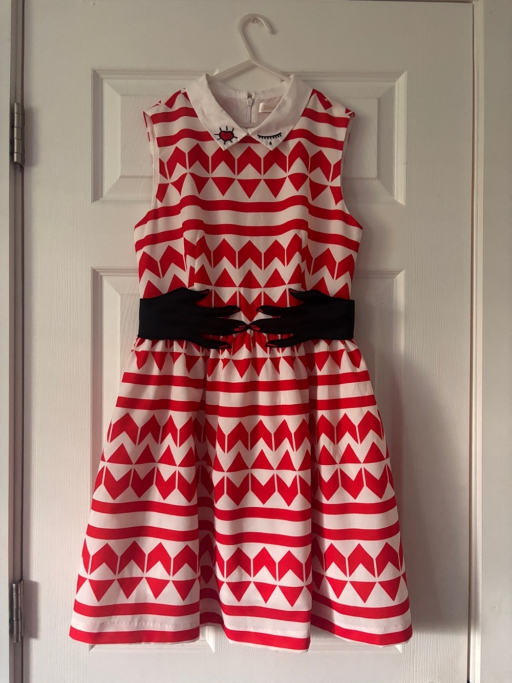 Red and White Patterned Dress with Decorative Collar